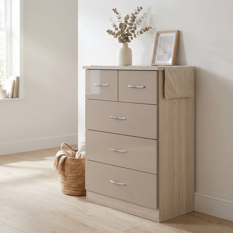 Cascio 5 Drawer Chest Of Drawers, Oyster Gloss/Light Oak Effect Veneer