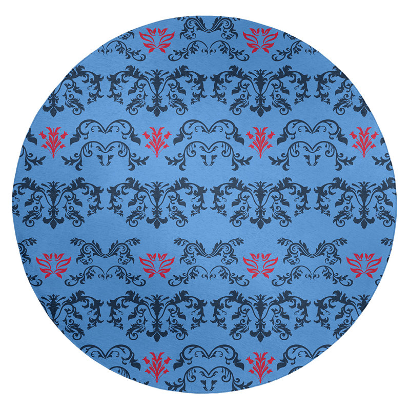 Tapis rond bleu damassé à motif baroque