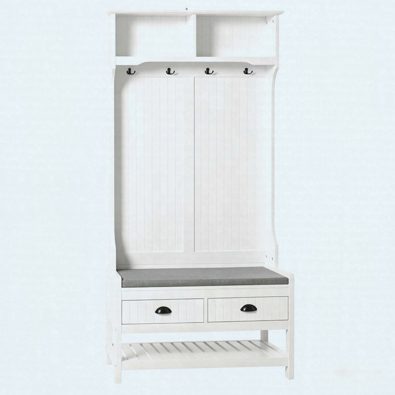 Multifunctional Entryway Hall Tree with Padded Bench, Coat Rack, Drawers and Shoe Storage Shelves