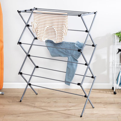 Séchoir à linge, finition argentée, conception pliable et portable à 1 niveau, grande taille, fabrication en acier robuste, style moderne peu encombrant