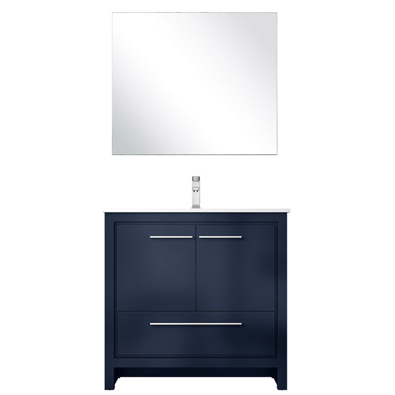 Meuble-lavabo bleu marine l 36 po x P 20 po, comptoir en quartz blanc, robinet inclus, miroir de 28 po, pour rayures et taches pour une utilisation prolongée
