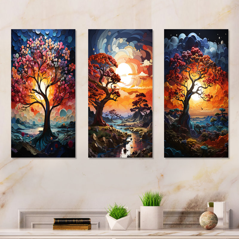 Baobab africain aux couleurs de l'arc-en-ciel - ensemble d'art mural sur toile arbre baobab de 3, Toile tendue
