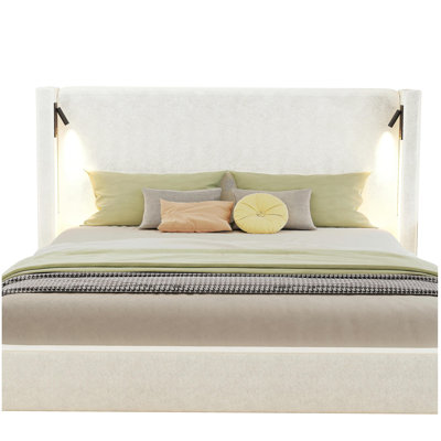 Large Size Fabric Bed Frame with High Pillow Headboard, Reading Light, and USB Interface, in Beige