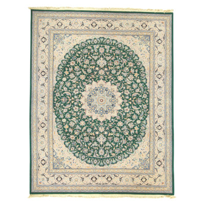 High-Quality Hand-Knotted Dark Green And Beige Area Rug