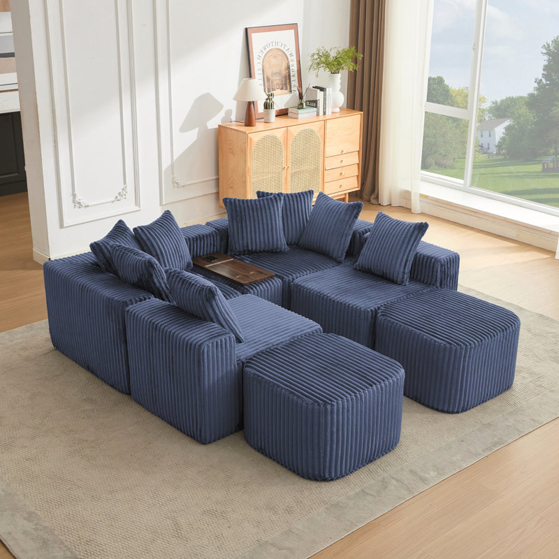 Canapé modulaire en U avec chargement, Velours côtelé bleu