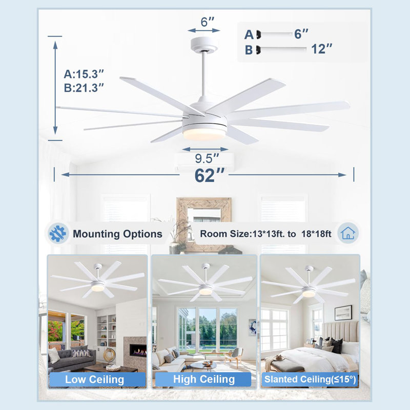 62 inch Ceiling Fan with Light and Remote Control, White