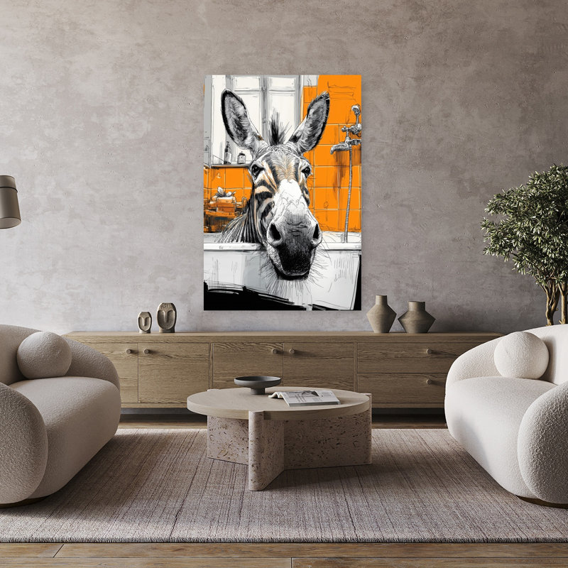 Zèbre dans une baignoire 3, art mural zébré contemporain, H 48 po x l 32 po