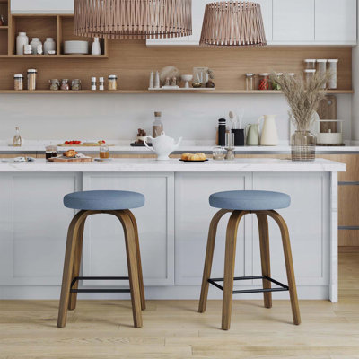 Ensemble de 2 tabourets pivotants, hauteur de dossier sans dossier de 26 po, siège rembourré en tissu, pieds robustes en bois et repose-pieds en métal, tabourets de style Mid-Century pour bars et restaurants