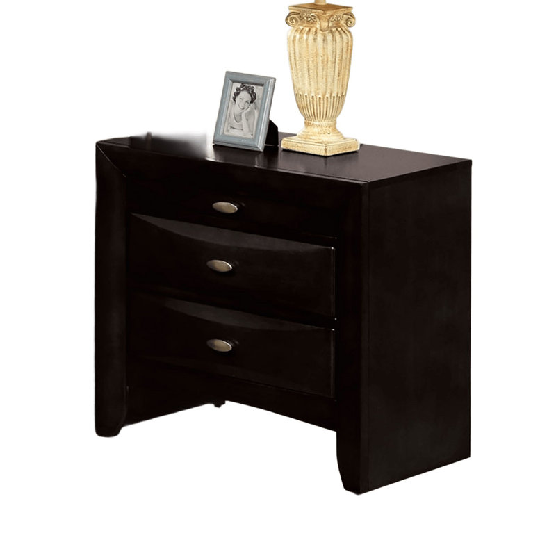 Classic Black Engineered Wood Nightstand, 2 Drawers, Felt - Lined Top Drawer, Pull Out Tray, 25.5 Inches Deep Contemporary Solid Bedside Cabinet, Knob Pulls, Easy Assembly, Ideal For Bedroom Use