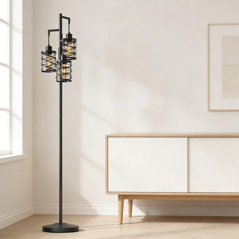 68" Industrial Floor Lamp With 3 Dimmable Bulbs, Black Farmhouse Standing Tree Lamp For Living Room, Bedroom, Office, Black