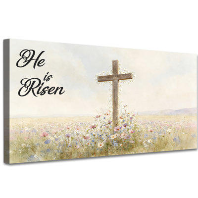 Affiche de Pâques sur toile, affiche «He is Risen», rustique, croix, printemps, champ de fleurs sauvages, peinture religieuse pour décoration murale maison chrétienne, prêt à accrocher 12 po x 24 po