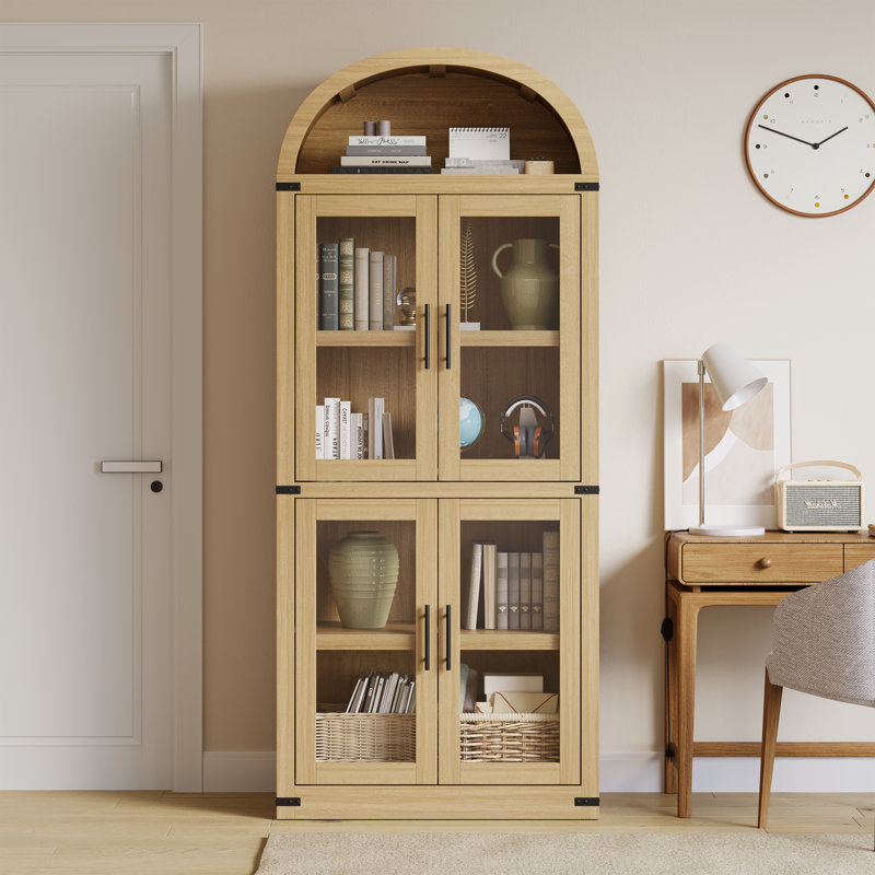 72" Tall Arched Cabinet, Modern Farmhouse Wooden Display Cabinet with Drawer and Glass/Wood Doors, 5 Tier Bookshelf with Shelves for Living Room, Office