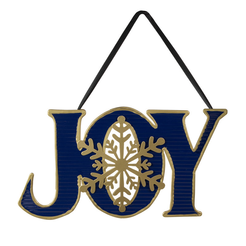 Enseigne murale de Noël en métal 16 "bleu et or" JOY "