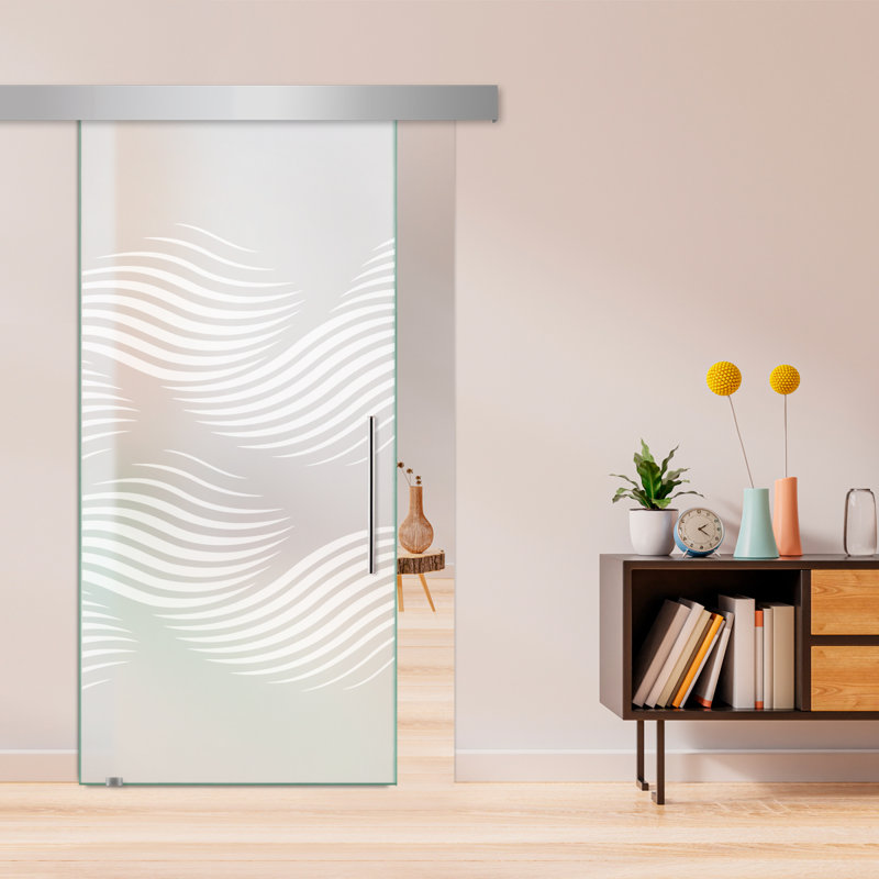 Porte de grange coulissante en verre sans cadre avec design moderne sablé + ensemble de quincaillerie (double-privée)