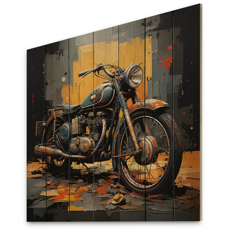 Jahongir orange, noir, moto, route, rythmes II, sur bois, H 25 po x l 25 po x P 0,78 po