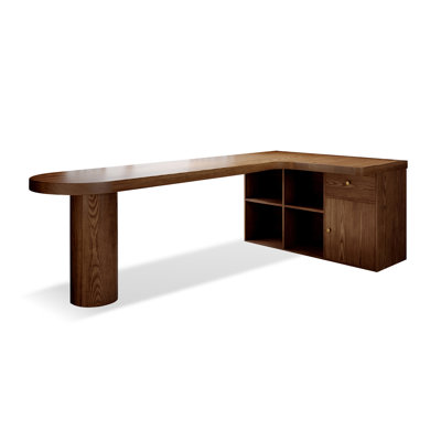 Bureau en bois massif en forme de L brun noisette