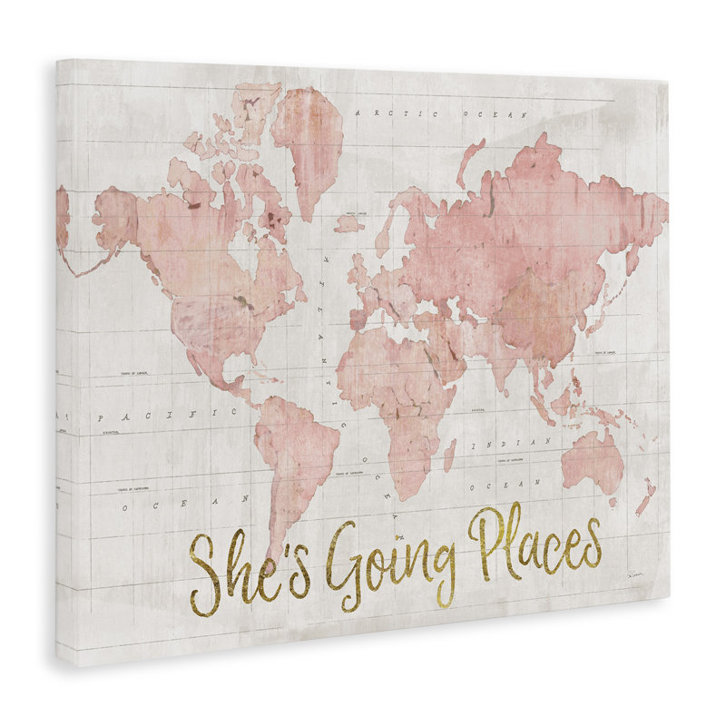 «She's Going Places Quote Pink Watercolor World Map» par Sue Schlabach, reproduction d'art, H 30 po x l 40 po