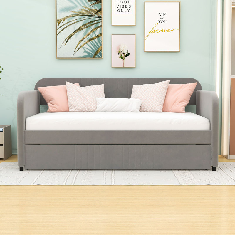 Tyrome Twin Size Velvet Upholstered Daybed With Twin Size Trundle, Gray