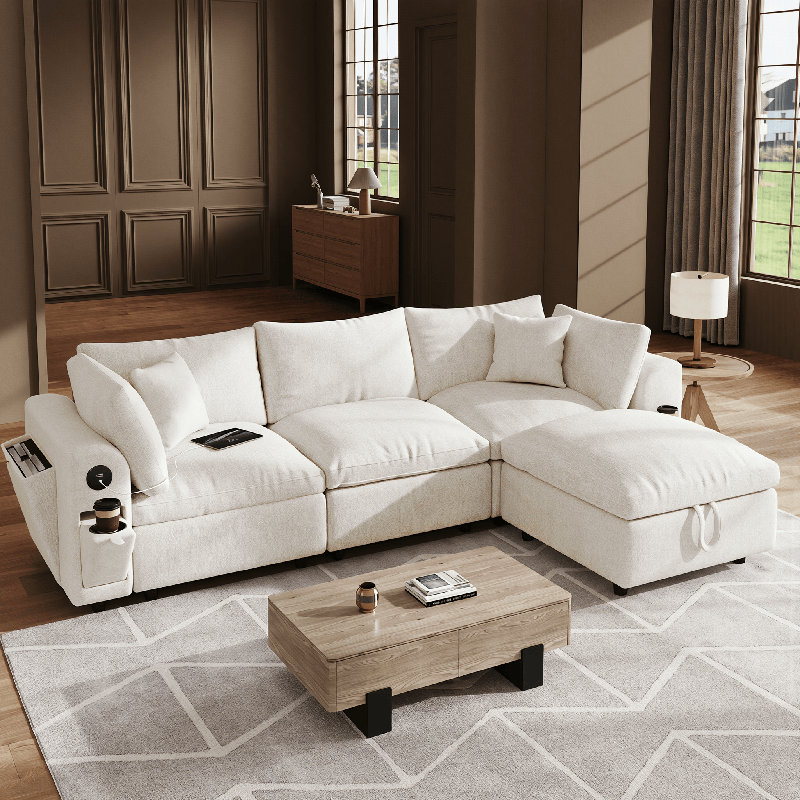 Canapé modulaire luxueux en forme de nuage, canapé modulaire en L à assise profonde de 110,5 po à 3 places avec repose-pieds, structure en bois massif, accoudoirs larges, porte-gobelet USB / Type-C et moderne, confortable pour le salon, blanc chaud