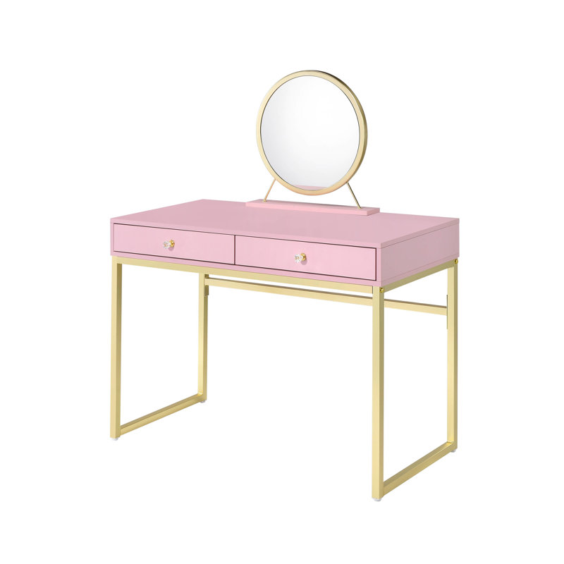 Rectangular Vanity Desk With Pink & Gold Finish, Crystal Handle, Metal Frame, Removable Mirror, Jewelry Tray, 2 Storage Drawers, 2/3 Drawer Extension, Center Glide, Kd Design, Particle Board, ,