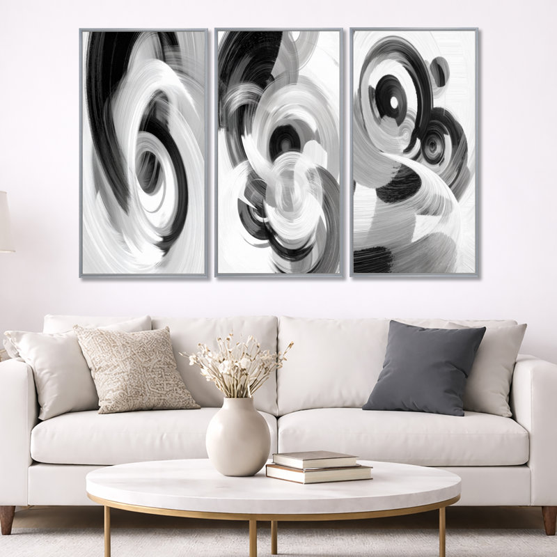 «White and Black Ink Spiral», ensemble de 3 toiles abstraites sur toile, H 32 po x l 48 po, Silver Floater Framed