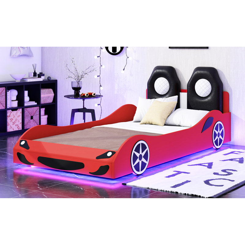 Lit simple rouge avec conception de voiture de course et éclairage sous DEL, support de dossier confortable en forme de voiture, dossier ambiant, esthétique