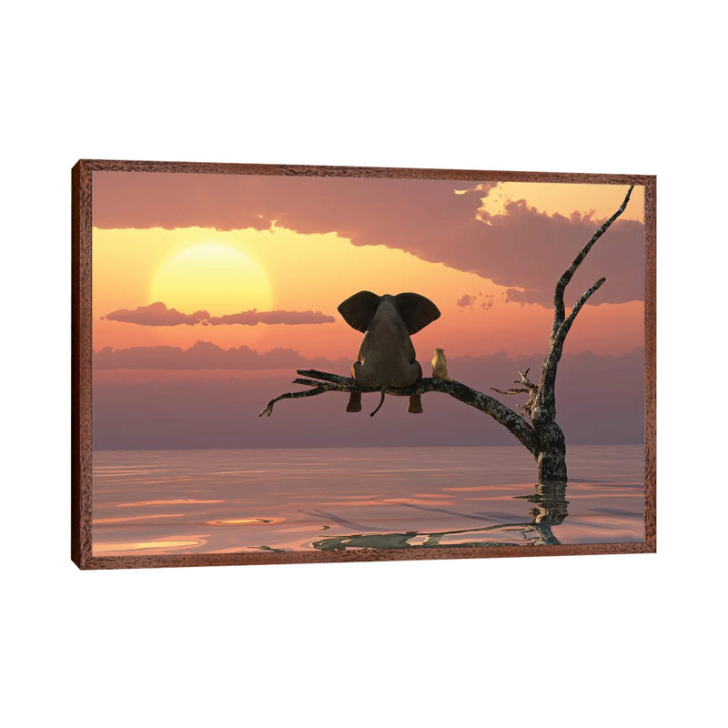 Elephant And Dog Sit On A Tree During A Flood by Mike Kiev - Print on Canvas, 66.04 cm H x 45.72 cm W