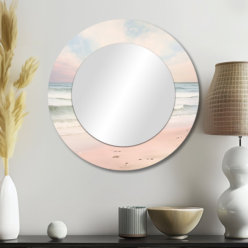 Ocean Tranquility Tender Pink Pastel Sunrise I - Miroir mural rond côtier, impression sur métal, 23 po x 23 po