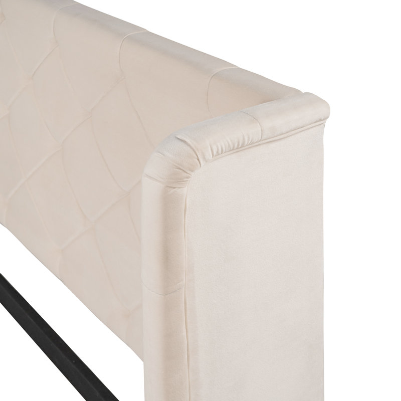 Size Storage Bed Velvet Upholstered Platform Bed With Wingback Headboard And A Big Drawer, Beige