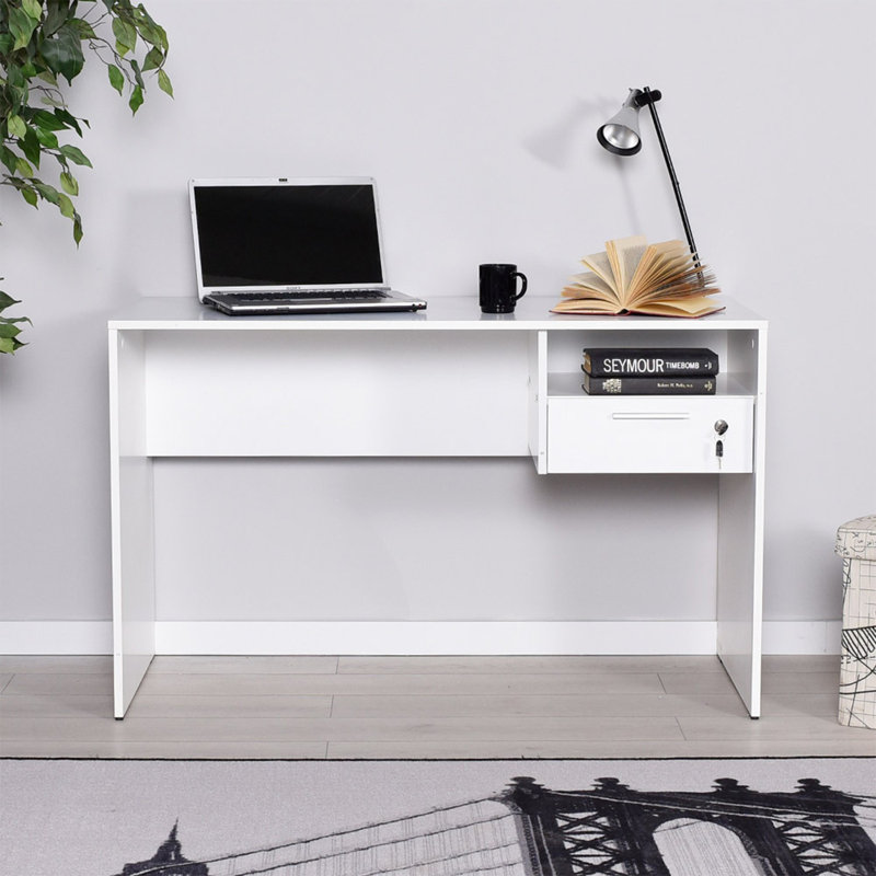 Modern White Study Desk, 47.2 x 29.5 x 23.6 inches | 100% Melamine Coated Particle Board, Thickness: 0.6 inches | Includes Wall-Mount Option & Locker Drawer (15.0 x 5.5 x 23.6 inches) | Sleek Design for Home Office & Study Spaces