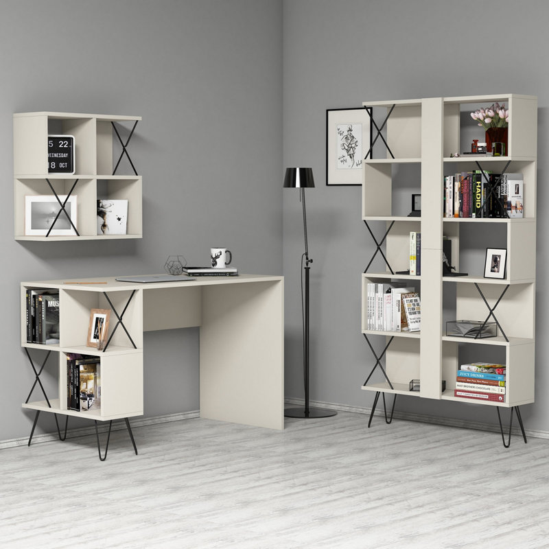Janey 3 Piece Writing Desk Office Set, Cream