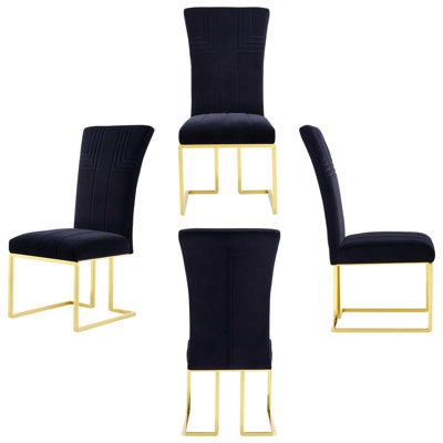 Chaises de salle à manger en velours noir avec pieds dorés polis