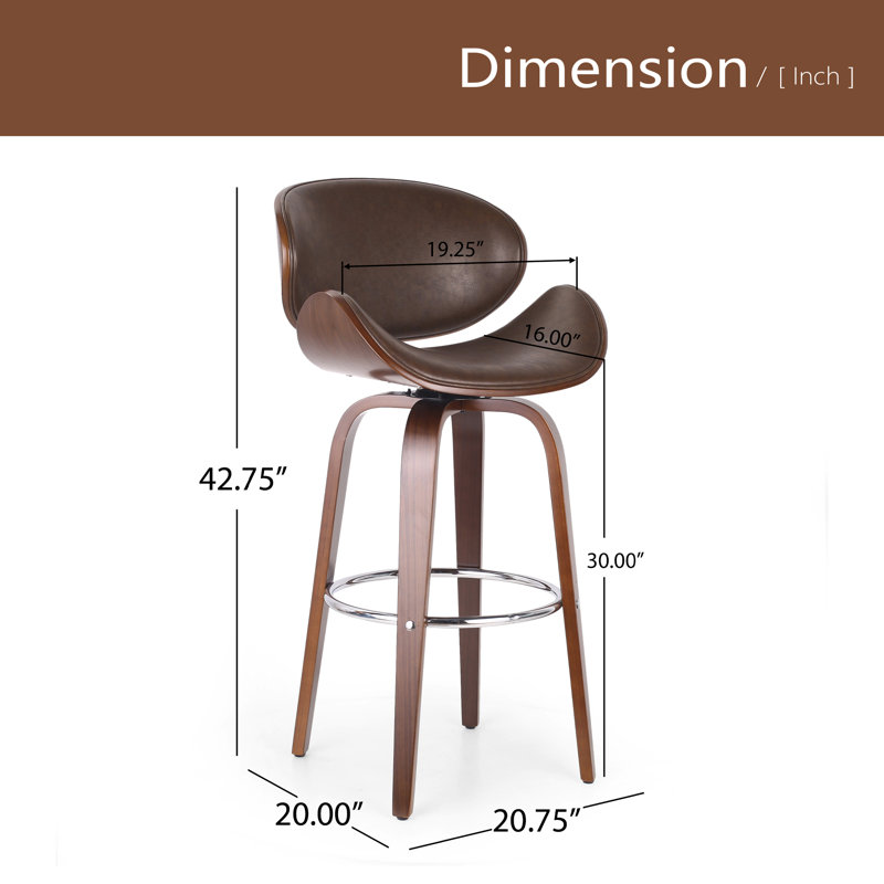 30" Mid-Century Modern Upholstered Swivel Barstool, Brown