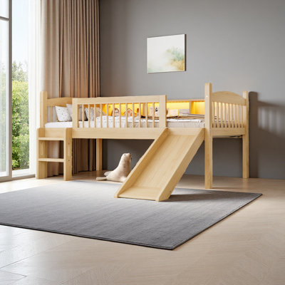 Lit mezzanine avec tablettes de rangement, lit mezzanine inférieur en bois massif avec lumières DEL et garde-corps pleine longueur, aucun sommier nécessaire