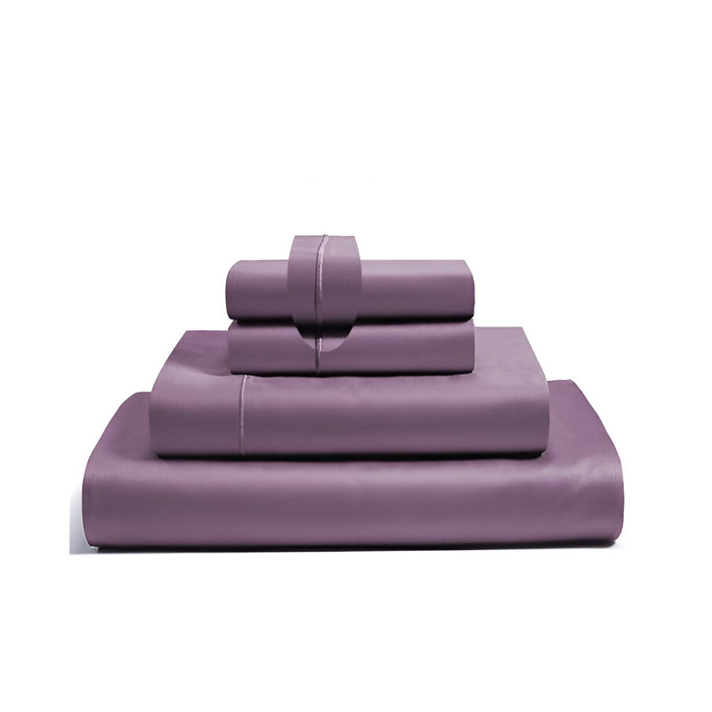 400TC Luxurious Single Embroidery Sateen Solid Cotton 4 Piece Sheet Set Fitted Sheet Fits Upto 16" Deep Pocket, Lilac