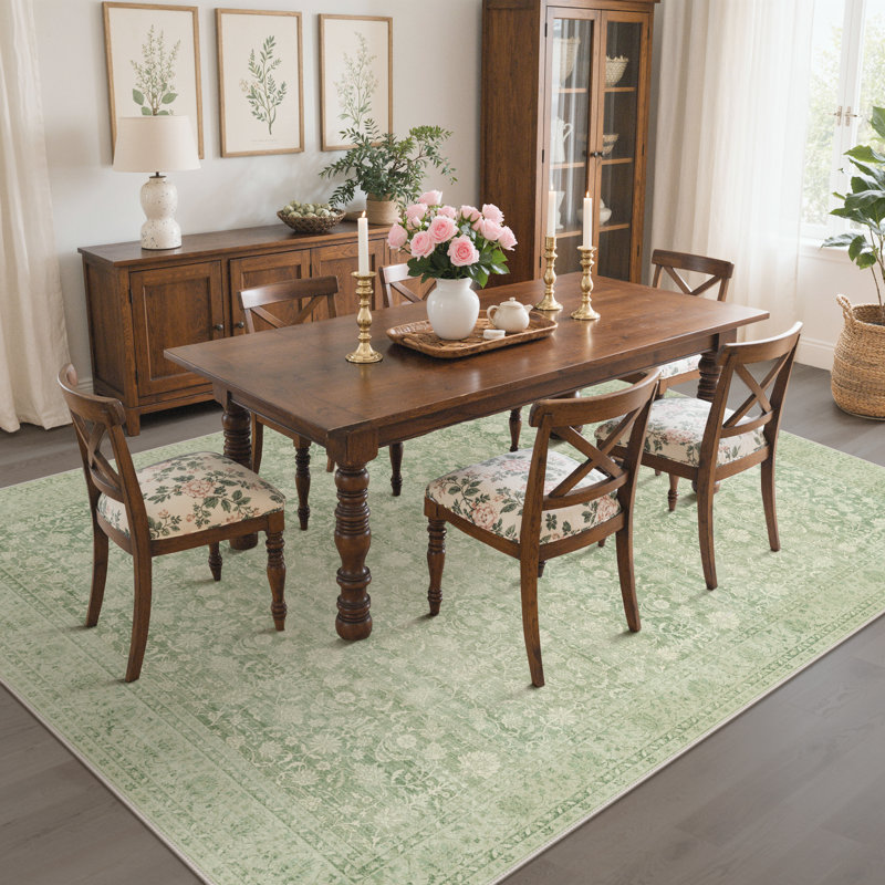 Oriental Vintage Machine Washable Non-Slip Green / Beige Indoor Area Rug, Green, Rectangle 8' x 10'