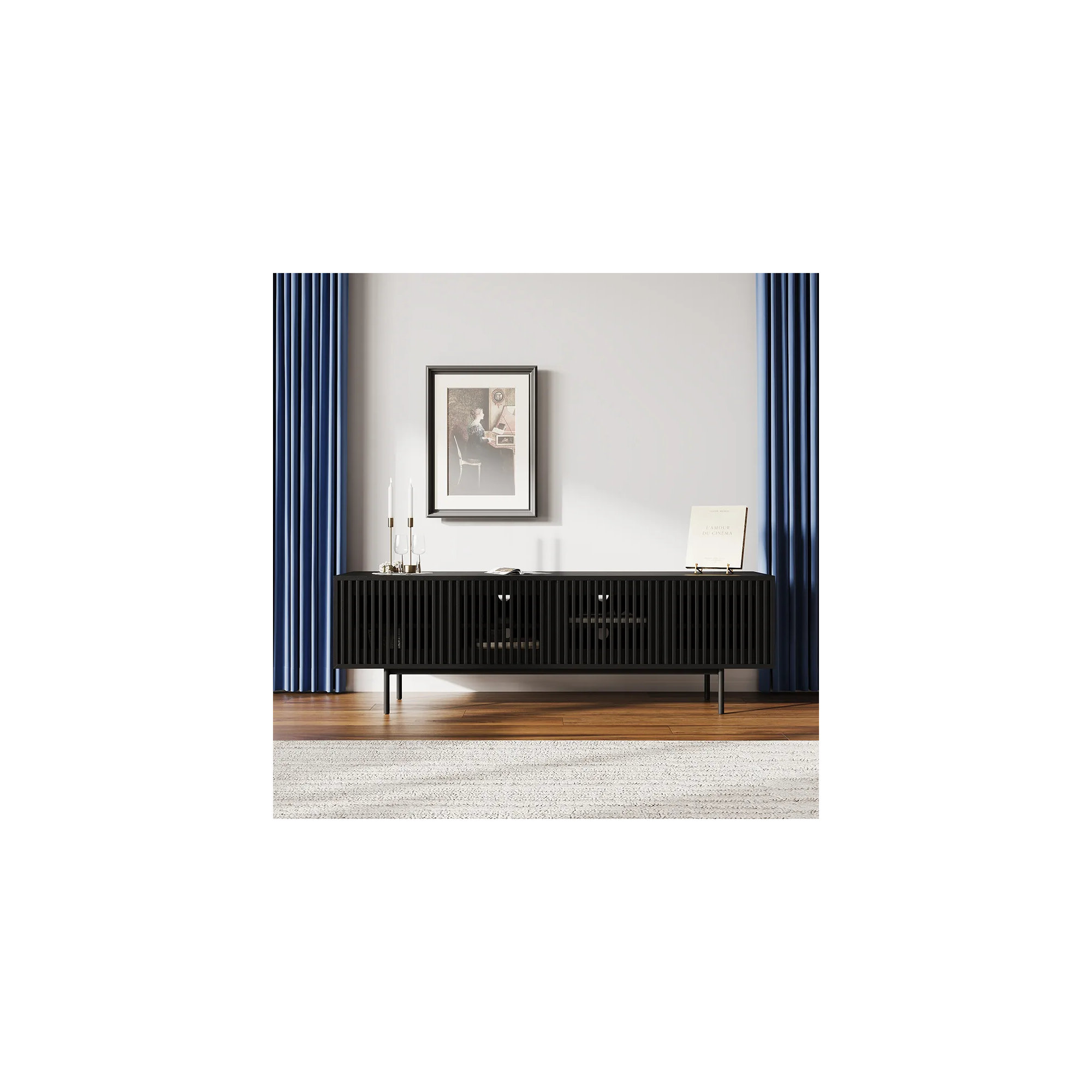 Mid-Century Modern TV Stand, 21.26" H x 71" W x 18.89" D, Black