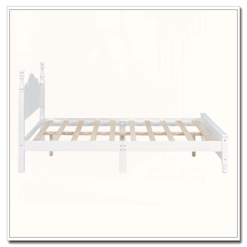 Grand lit plateforme rétro en bois avec support en lattes de bois, Blanc