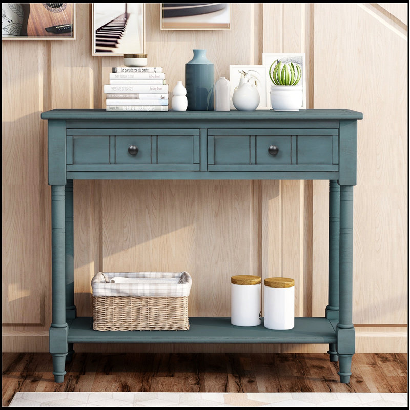 Console de style traditionnel Daisy avec deux tiroirs et une tablette inférieure, finition marine pour un rangement et une présentation élégants