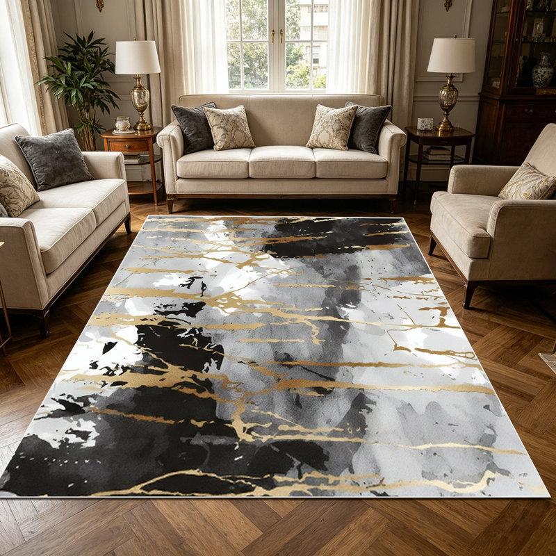 1PC Abstract Black Gold Drip Grey Watercolor Brushstroke area rugs for Living Room, Soft, All seasons, Easy-maintain, Washable Indoor mat, Farmhouse suitable for for dining room, bedroom, entryway...