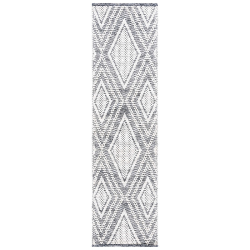 Tapis géométrique fait à la main Dessiree ivoire / bleu marine, Tapis de couloir 2 pi 3 po x 8 pi