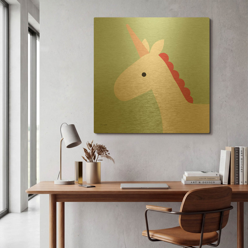 «Unicorn» par Ann Kelle, art mural en métal doré, 36 po x 36 po, 36 po x 36 po