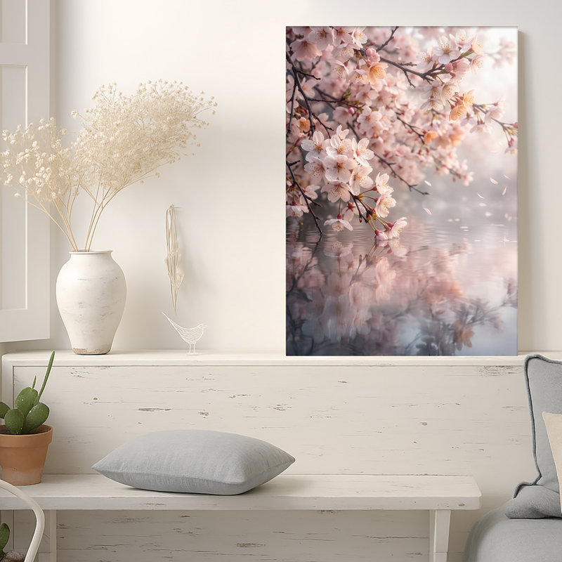 Art mural sur toile de fleurs de cerisier roses sur l'eau, 48"H x 36"W