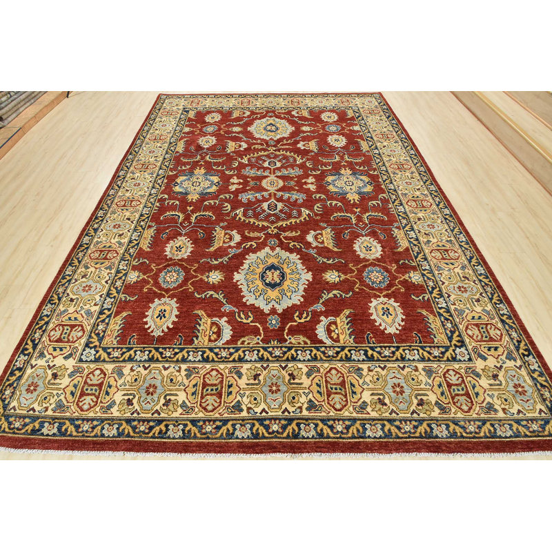 Tapis rouge en laine noué à la main de conception unique 8 pi 10 po x 12 pi 3 po