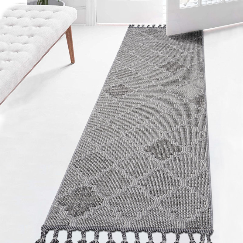 Tapis tissé à la machine Naar Guros, blanc / gris / treillis, Tapis de couloir 2 pi 2 po x 8 pi