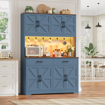 71" Kitchen Pantry With Charging Station, LED Light, Microwave Shelf And Attached Hooks