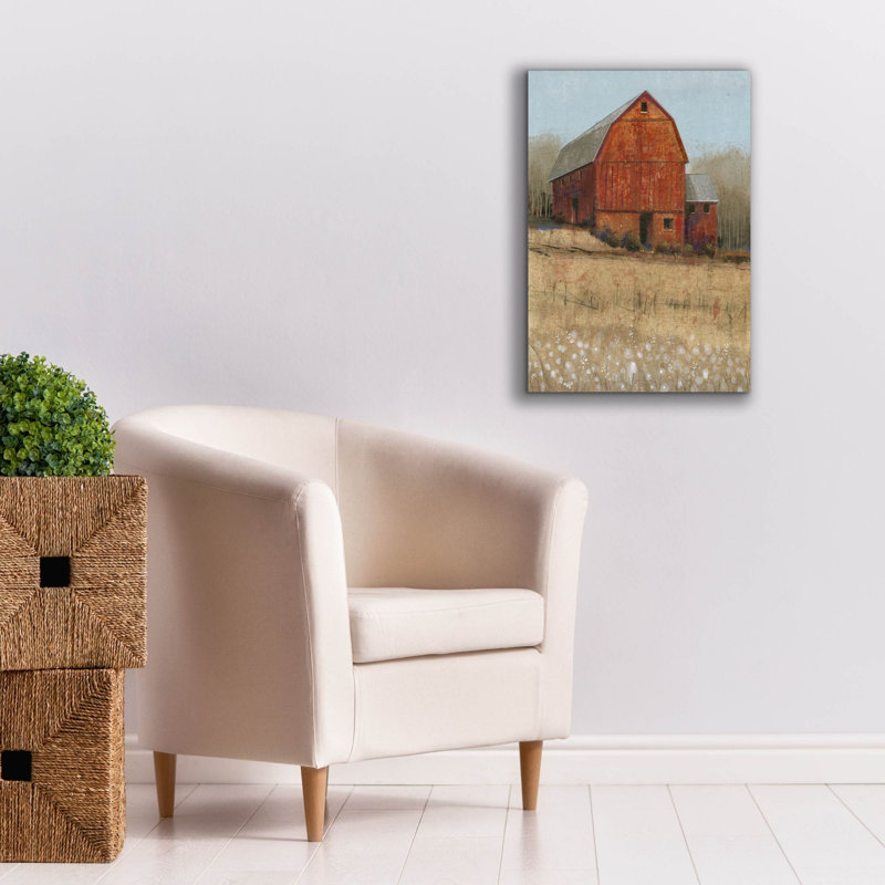 «Red Barn View I» par Tim O'toole, art mural sur toile, H 26 po x l 18 po x P 0,75 po