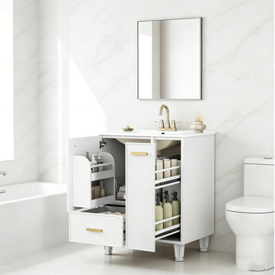 Meuble-lavabo de salle de bain avec lavabo, panier coulissant à 2 niveaux et poignées en métal