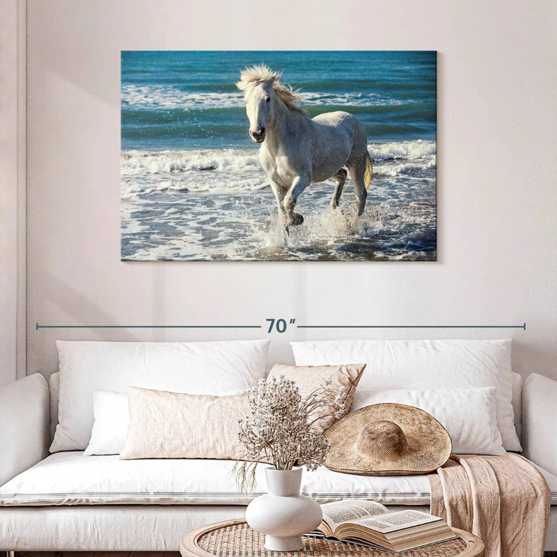 Brampt Camargue qui court sur la plage, H 30 po x l 45 po