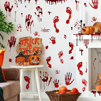 8 Sheets Halloween Bloody Wall Decor Set, , Handprint Footprint Window Wall Floor Stickers Horror Bathroom Decal Peel And Stick Halloween Zombie Party Haunted House Decor Ms4073+ms4074